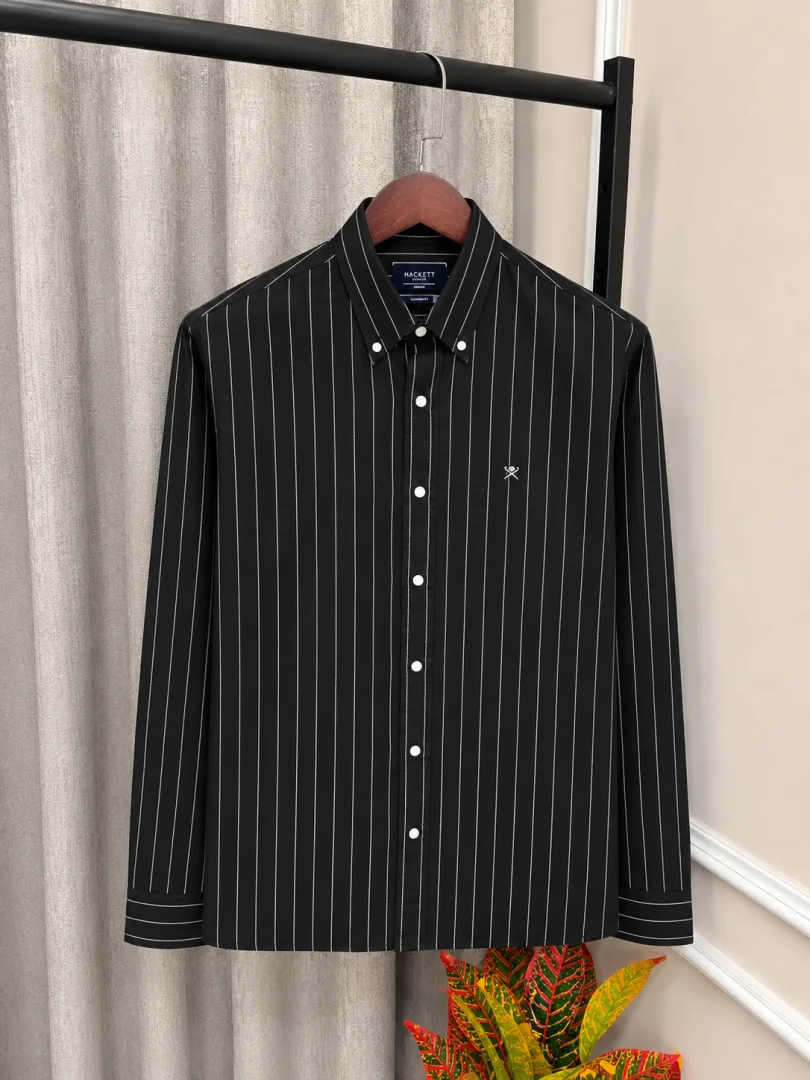 Hacket London Black Linen Strip Chest Embroidery Logo Premium Oxford Shirt(1185)