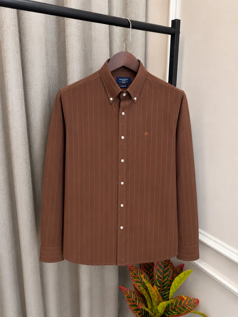 Hacket London Brown Linen Strip Chest Embroidery Logo Premium Oxford Shirt(1184)