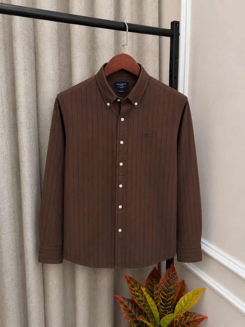 Hacket London Brown Linen Strip Chest Embroidery Logo Premium Oxford Shirt(1162)