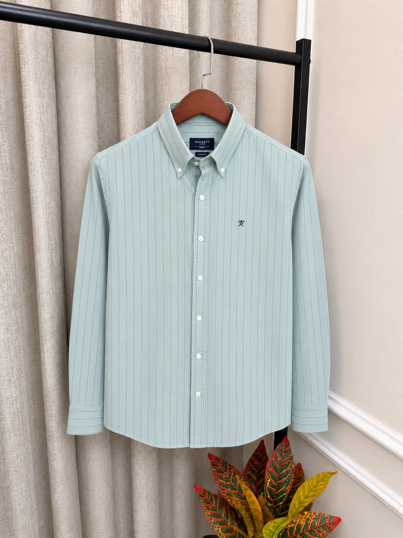 Hacket London Green Linen Strip Chest Embroidery Logo Premium Oxford Shirt(1161)