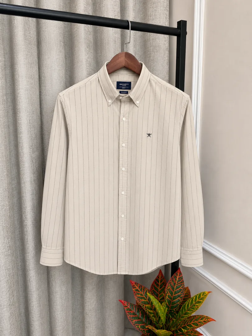 Hacket London Beige Linen Strip Chest Embroidery Logo Premium Oxford Shirt(1160)