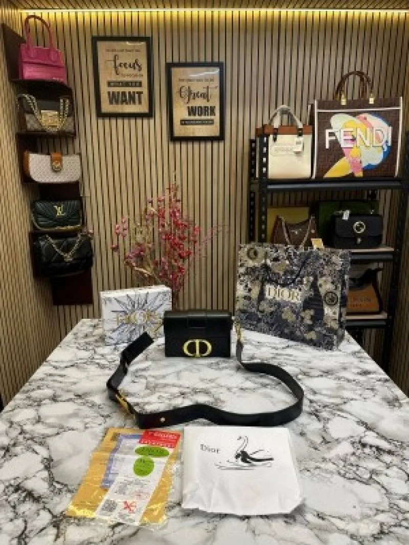 Christian Diyor Montaigne Handbag With Og Box Dust Bag & Carry Bag Black (V-78831)