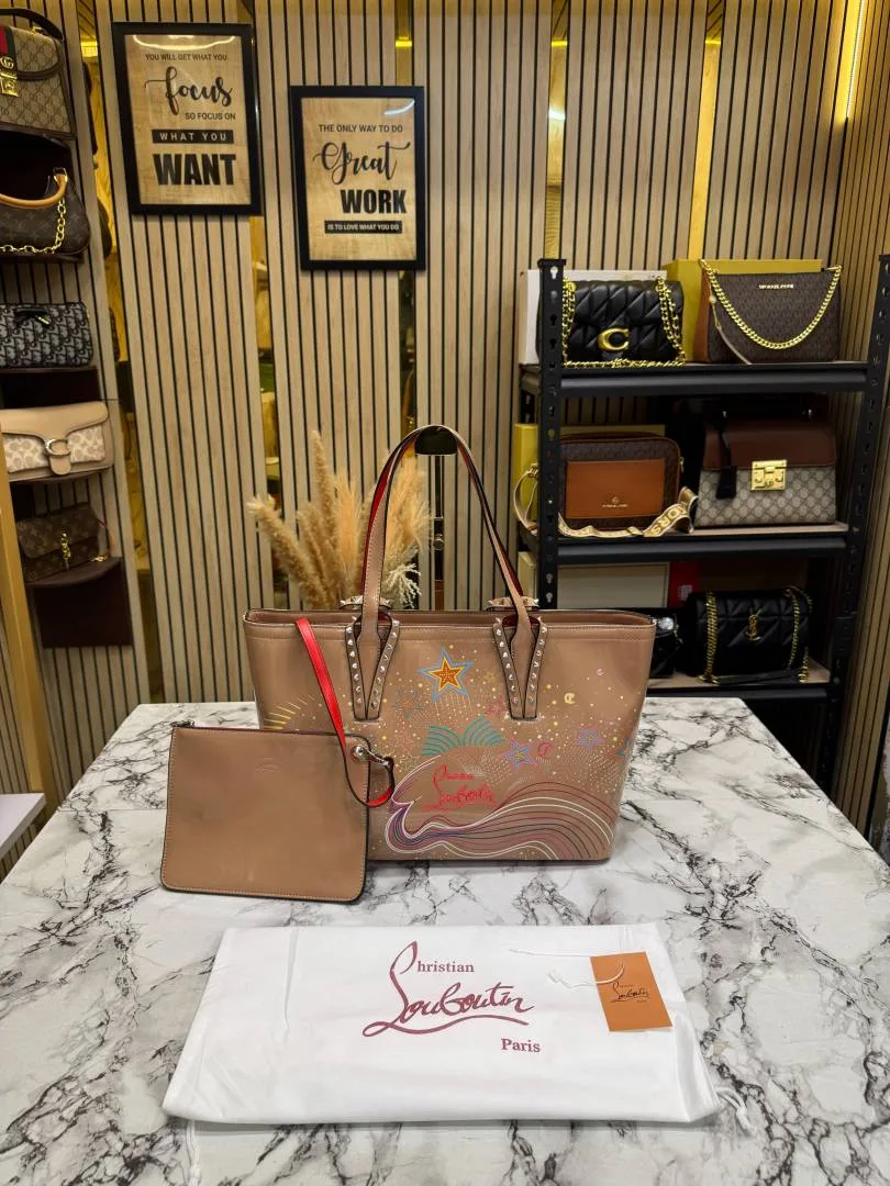 Christian Loubotin Cabata Patent Leather Graphic Tote Bag With Pouch & Dust Bag (66375) (Beige)