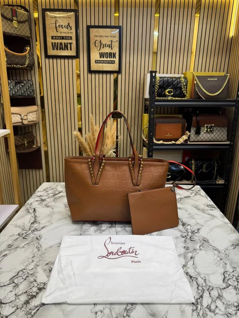Christian Loubotin Embossed Leather Tote Bag With Pouch & Dust Bag (Brown) (66376)