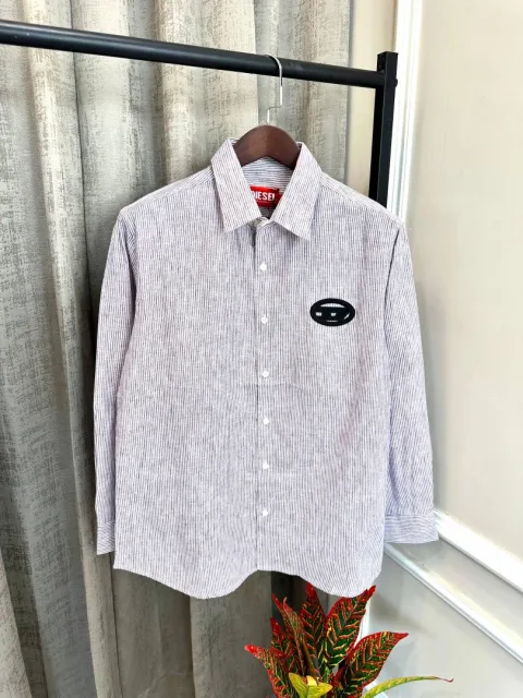 Diesal Red Imported Chest Embroidered Logo Cotton Linen Stripe Store Article Shirt(1149)