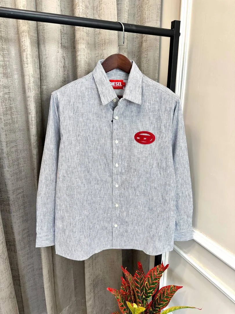Diesal Grey Imported Chest Embroidered Logo Cotton Linen Stripe Store Article Shirt(1148)