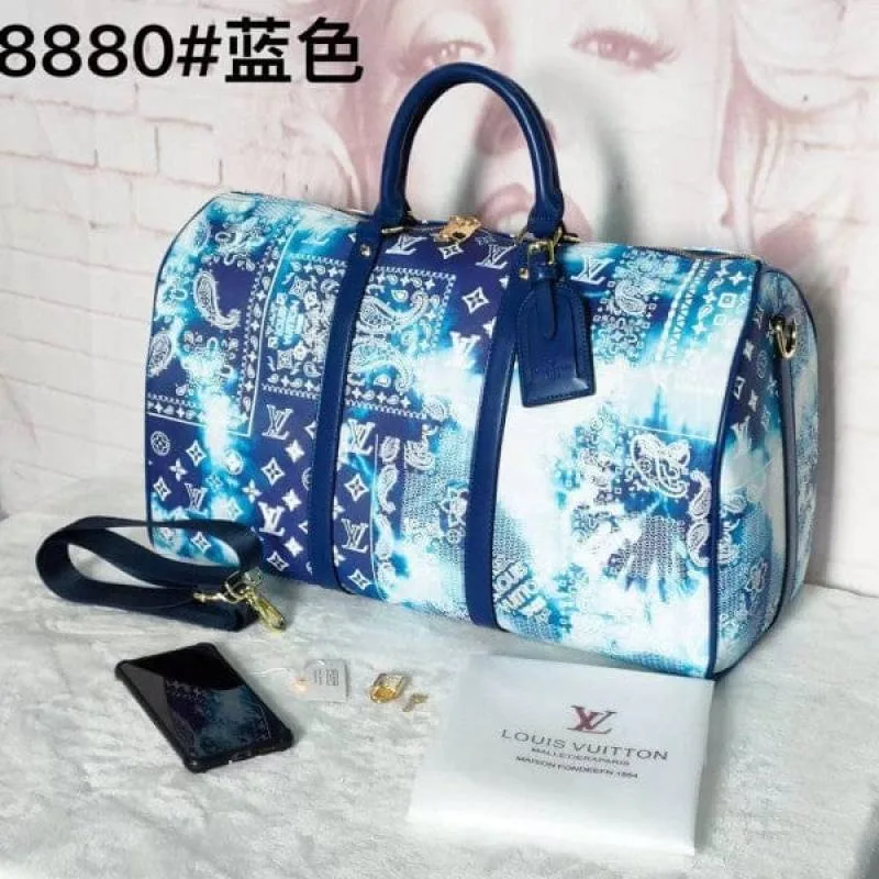 Loius Vutton LV Keepall Bandouliere Monogram Bandana Blue Duffle Bag With Shoulder Strap