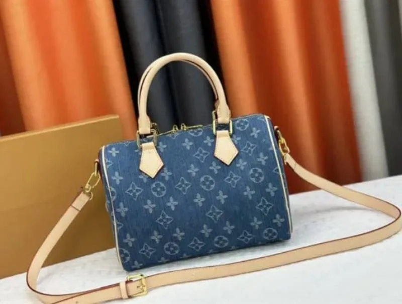Loius Vutton LV Speedy Denim Monogram Top Handle Crossbody Bag With Box And Dust Bag (24834)