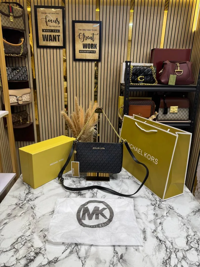 Micheal Kors Pvc Jet Set Signature Monogram Crossbody Bag With Chain Strap Shoulder Strap With Box Carry Bag & Dust Bag (Black)