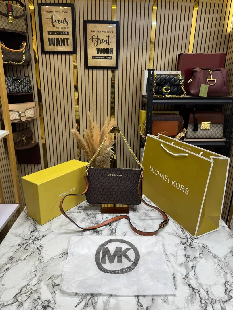 Micheal Kors Pvc Jet Set Signature Monogram Crossbody Bag With Chain Strap Shoulder Strap With Box Carry Bag & Dust Bag (Brown)