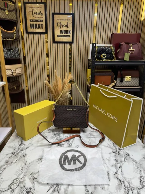 Micheal Kors Pvc Jet Set Signature Monogram Crossbody Bag With Chain Strap Shoulder Strap With Box Carry Bag & Dust Bag (Brown)