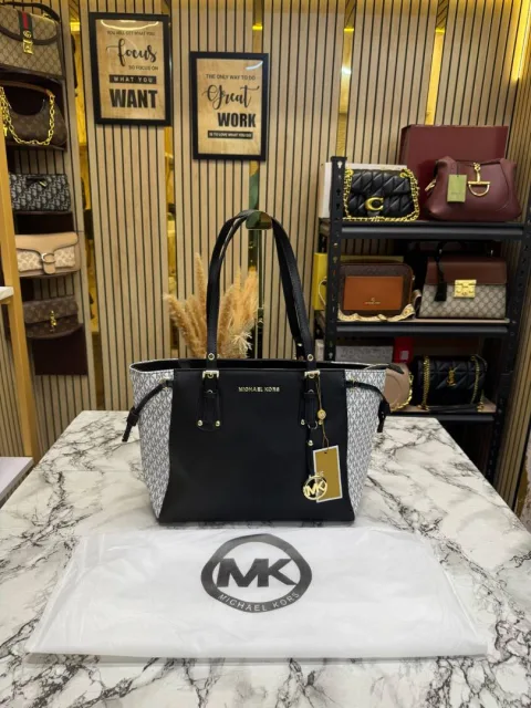 Micheal Kors Voyager Signature Monogram Tote Bag With MK ChArrWa%d Dust Bag (2616) (Black)