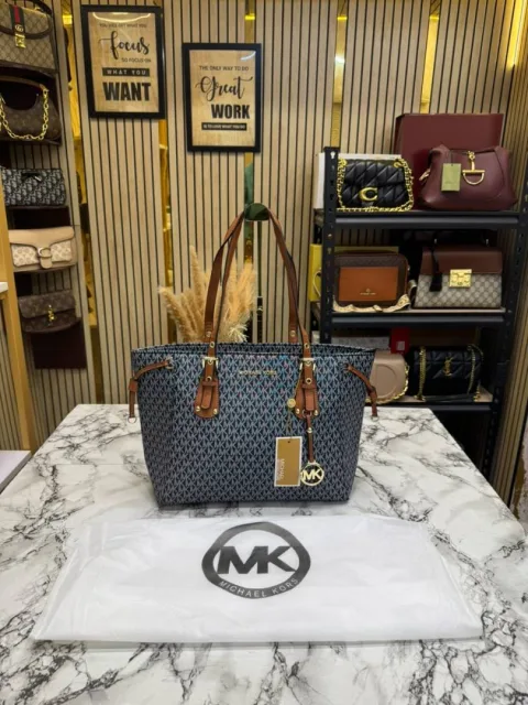 Micheal Kors Voyager Signature Monogram Tote Bag With MK ChArrWa%d Dust Bag (2616) (Black-Brown)