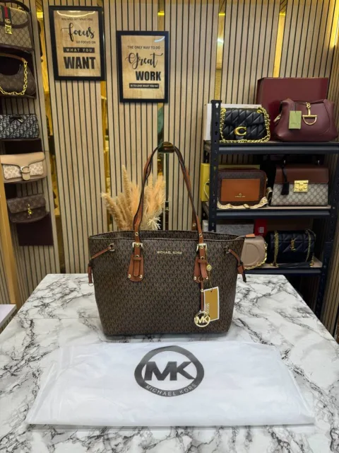Micheal Kors Voyager Signature Monogram Tote Bag With MK ChArrWa%d Dust Bag (2616) (Brown)