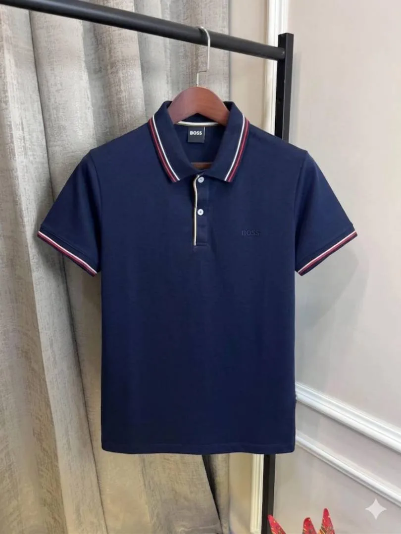 Hugo Bos Navy Store Article Premium Collar Neck Polo T-Shirt(1116)