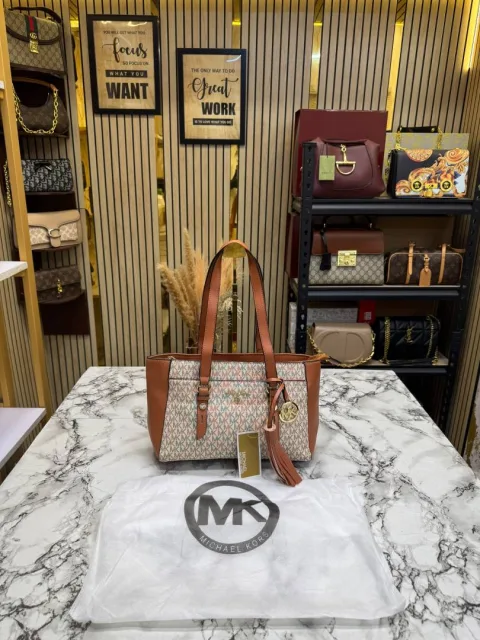 Micheal Kors Signature MK Tote Handbag With Tassel ChArrWa%d Dust Bag (Beige)