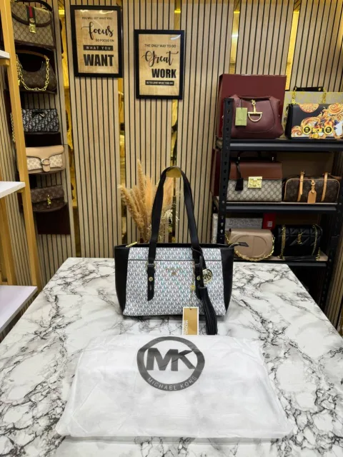 Micheal Kors Signature MK Tote Handbag With Tassel ChArrWa%d Dust Bag (Black-White)