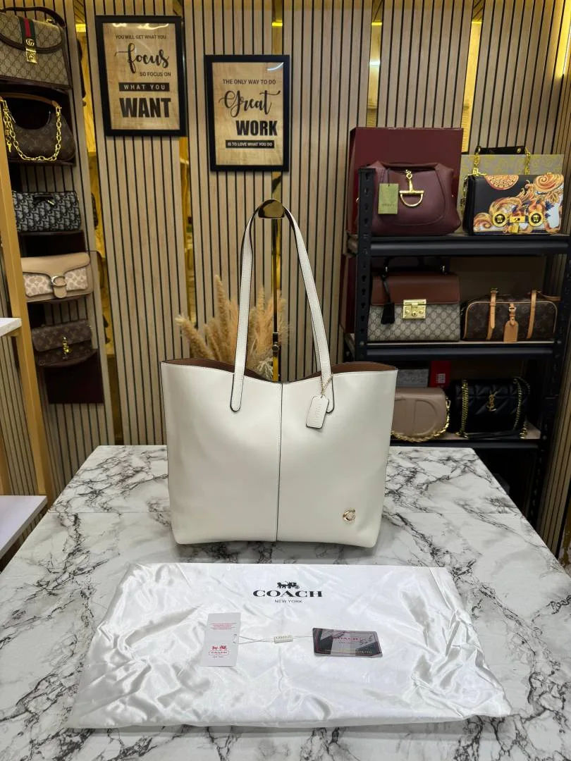 Coatch North Leather Tote Bag Premium Quality With Dust Bag (White)