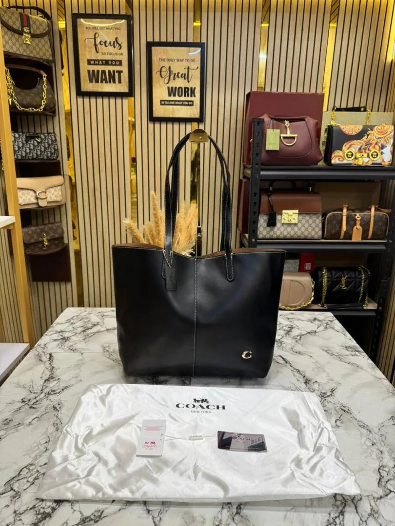 Coatch North Leather Tote Bag Premium Quality With Dust Bag (Black)