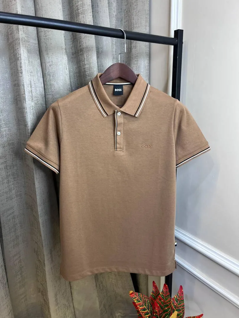 Hugo Bos Brown Store Article Premium Collar Neck Polo T-Shirt(1102)