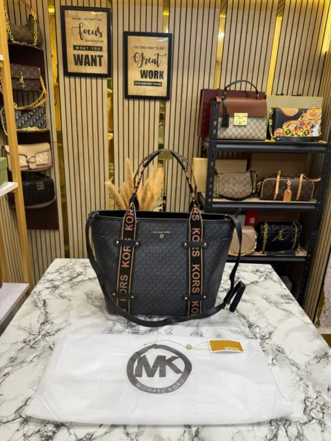 MICHEAL KORS MAEVE SIGNATURE LOGO SMALL CONVERTIBLE OPEN TOTE WITH DUST BAG (BLACK) (V-22314)