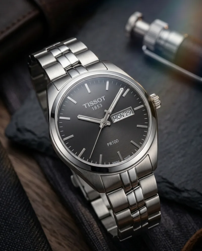 Tisot 1853 PR-100 Silver Black Dial
