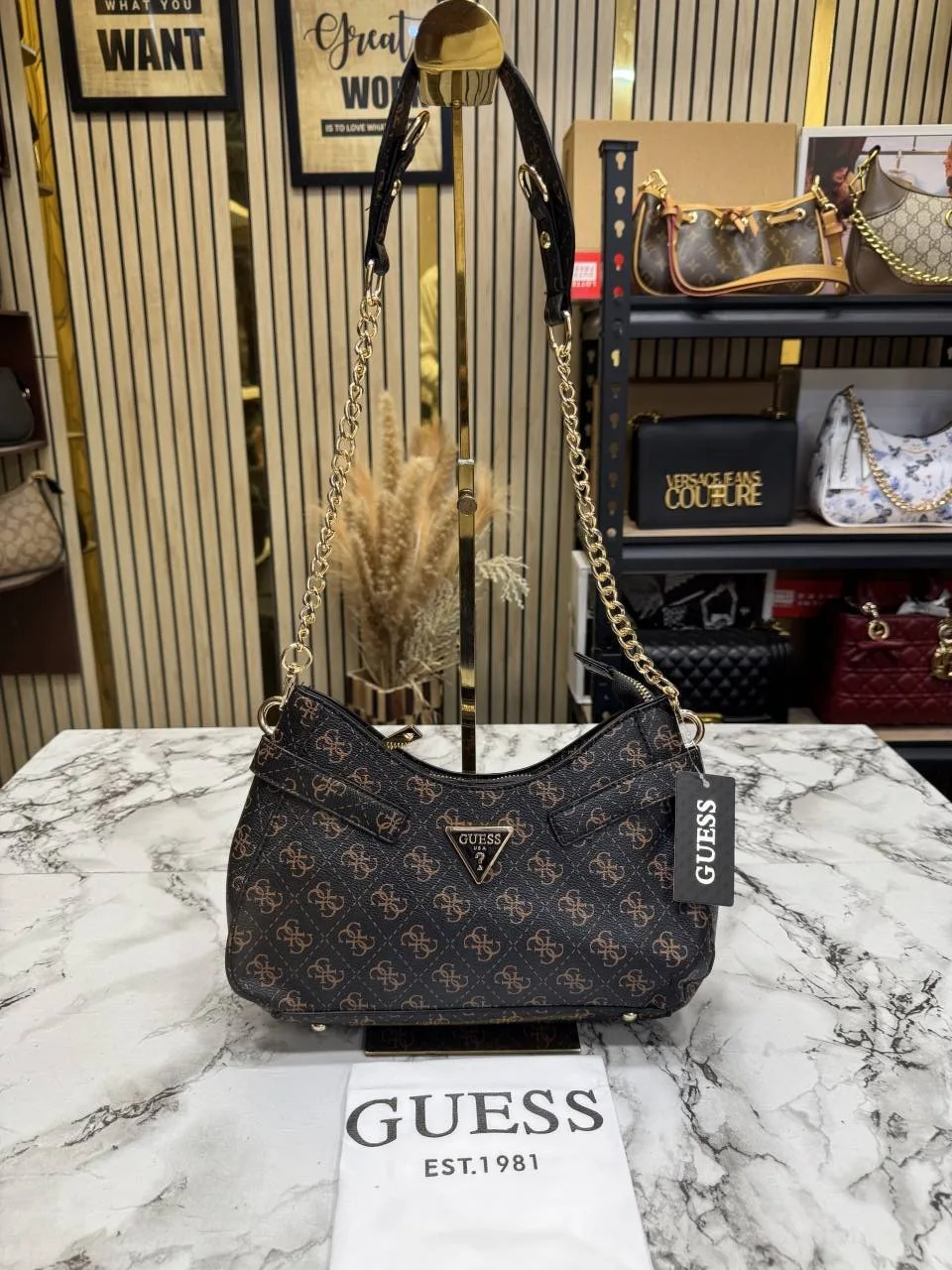 GUESS NOELLE LOGO SHOULDER BAG WITH OG DUST BAG COFFEE