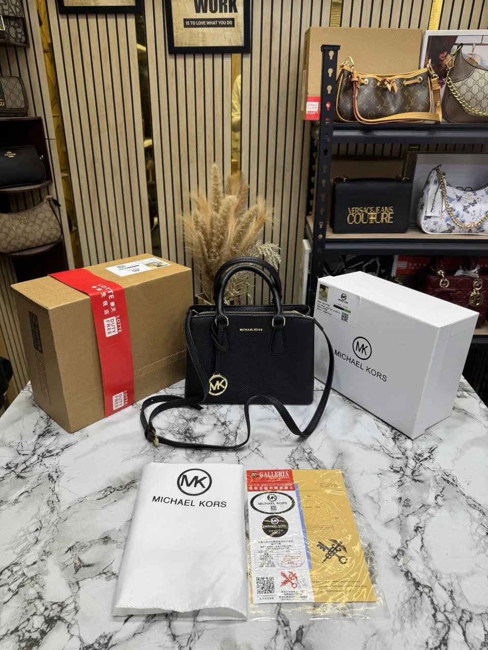 MICHEAL KORS CAMILLE SATCHEL HANDBAG IN SIGNATURE LOGO PRINT CANVAS WITH OG DOUBLE BOX AND DUST BAG (BLACK)