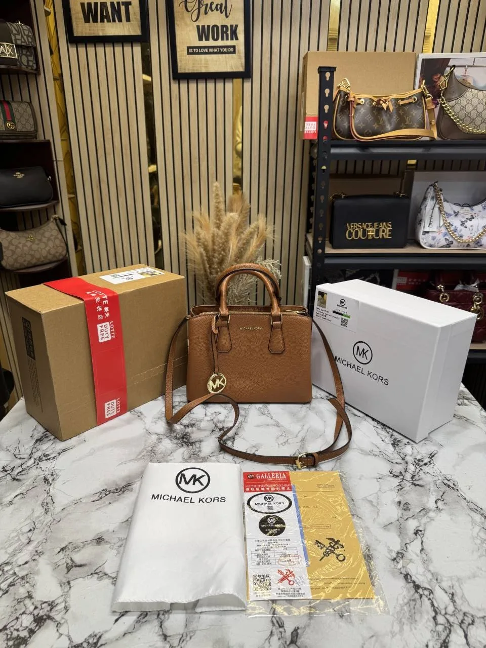 MICHEAL KORS CAMILLE SATCHEL HANDBAG IN SIGNATURE LOGO PRINT CANVAS WITH OG DOUBLE BOX AND DUST BAG (BROWN)
