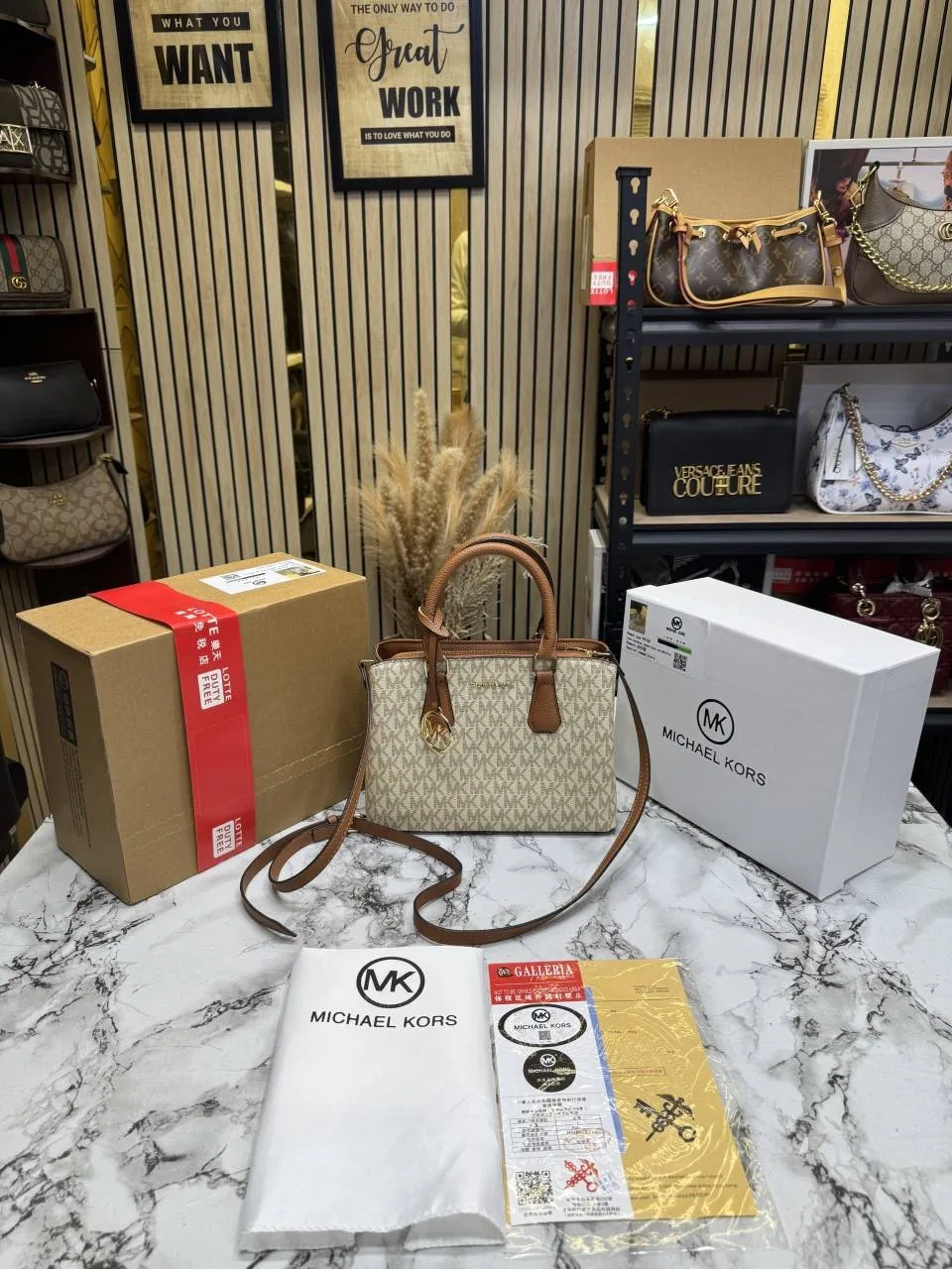 MICHEAL KORS CAMILLE SATCHEL HANDBAG IN SIGNATURE LOGO PRINT CANVAS WITH OG DOUBLE BOX AND DUST BAG (BIEGE BROWN)