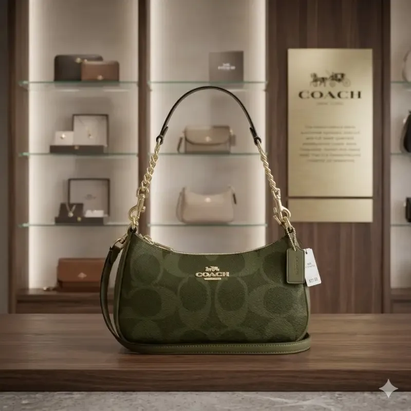 Coatch_ Teri Shoulder Bag in Signature Canvas in the Gold/Olive colorway With Box premium quality
