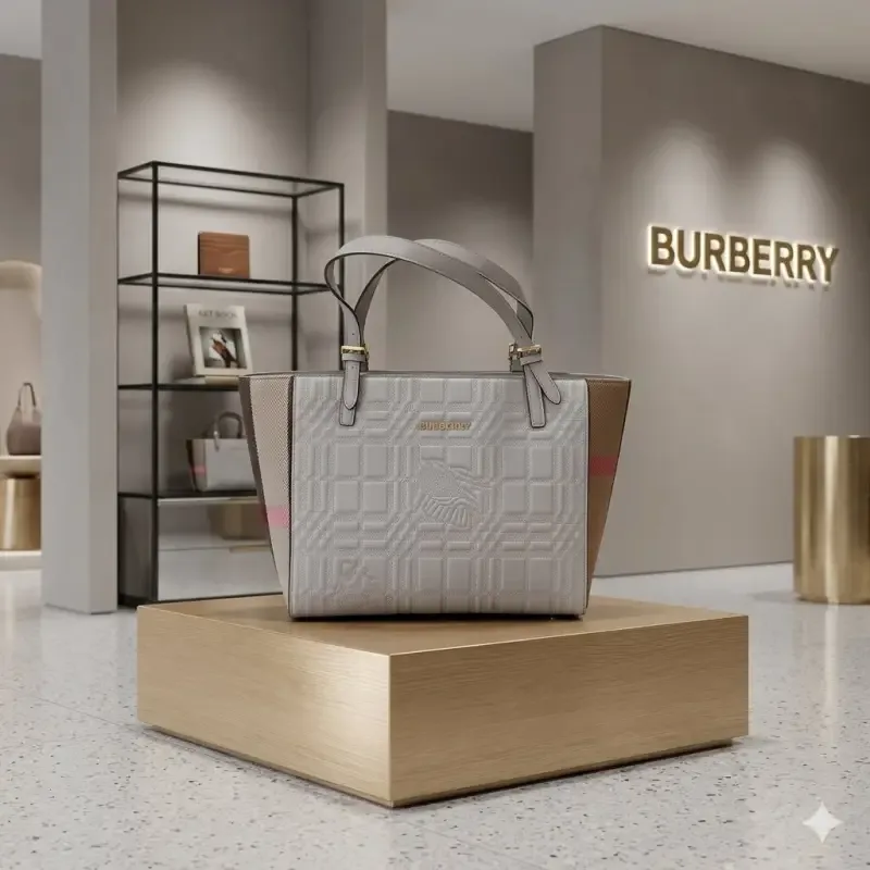 Burbery_ logo lettering on the front and side gussets with a check with Box premium quality