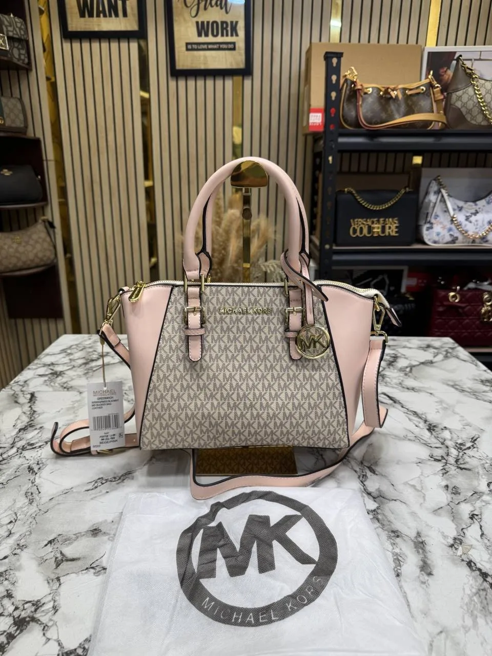 Micheal Kors Ciara Signature Logo Satchel with Dust Bag M3015 Biege Pink