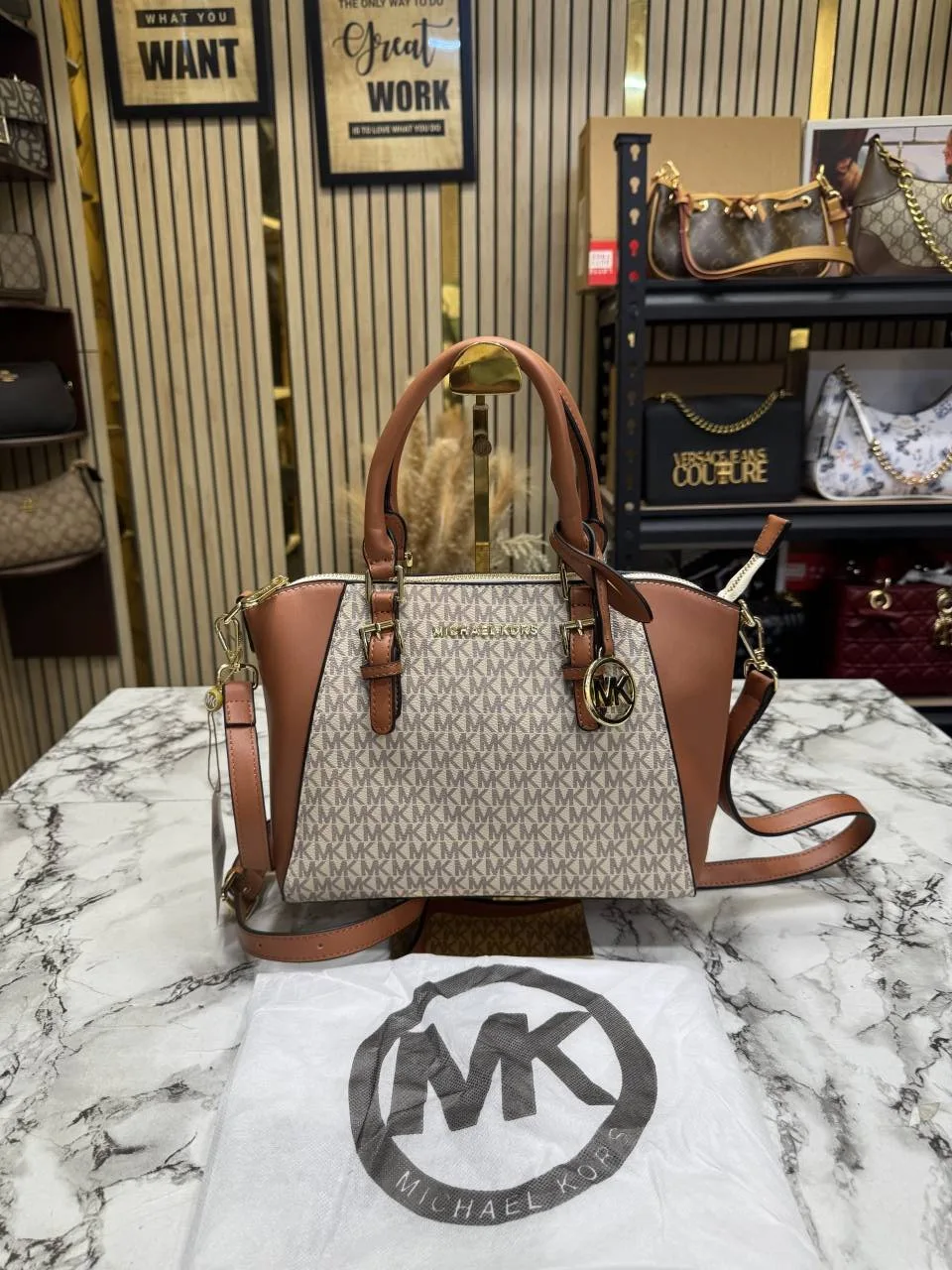 Micheal Kors Ciara Signature Logo Satchel with Dust Bag M3015 Biege Brown