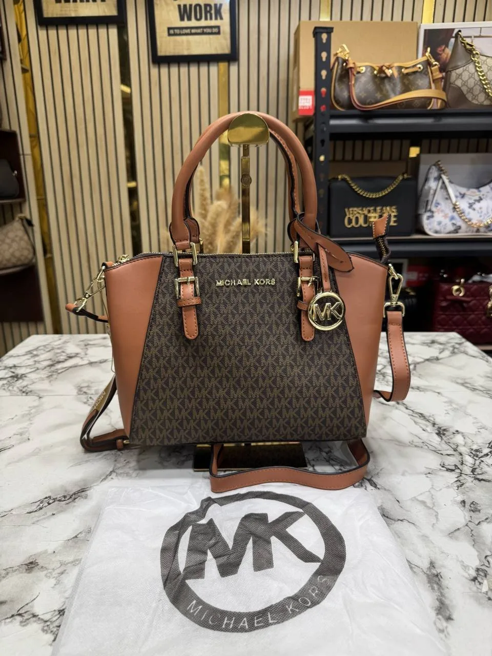 Micheal Kors Ciara Signature Logo Satchel with Dust Bag M3015 Coffee Brown