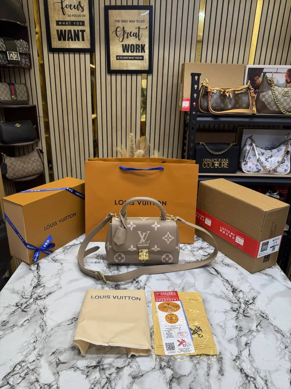 Loius vutton madeleine bb luxury handbag with og double box packing Including carry bag premium quality product (m23678 -khaki)