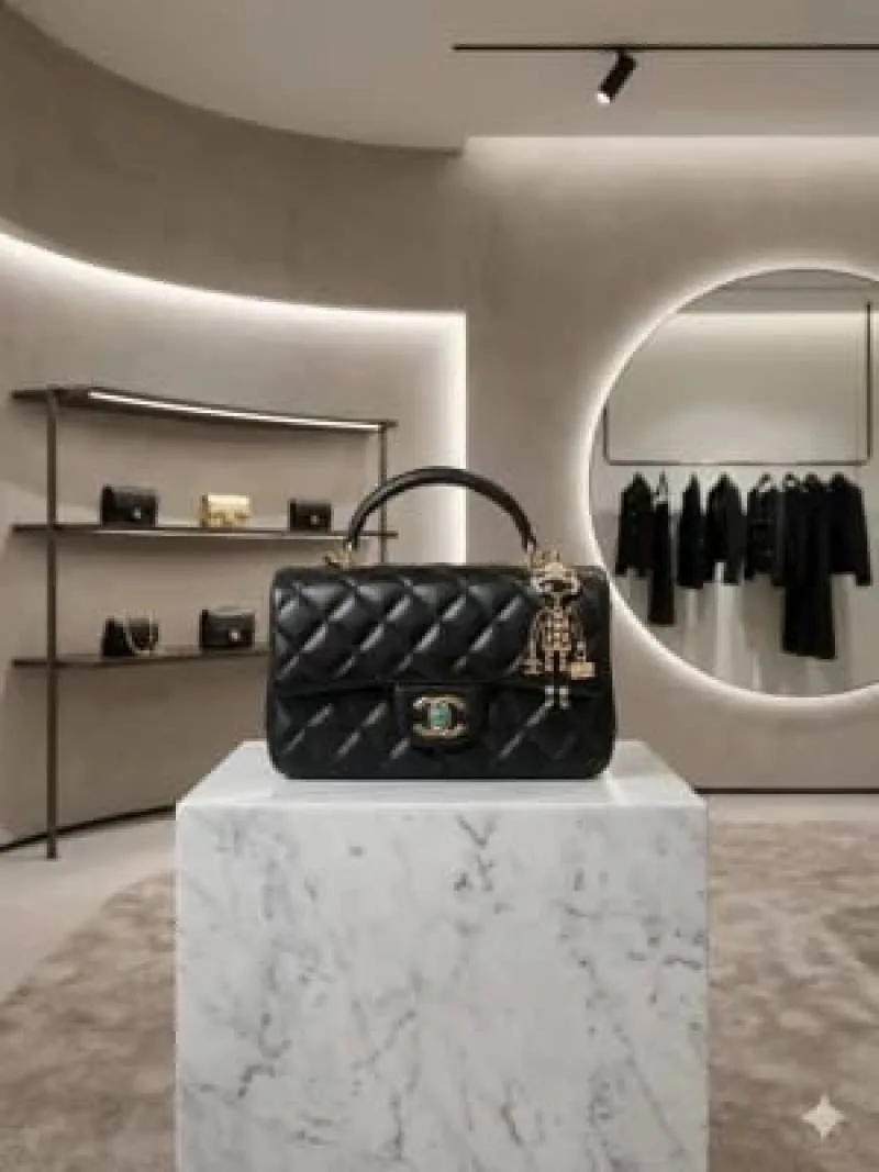 Chennel Lambskin Quilted Mini Top Handle Rectangular Flap Bag with champagne gold hardware with Double Box premium quality
