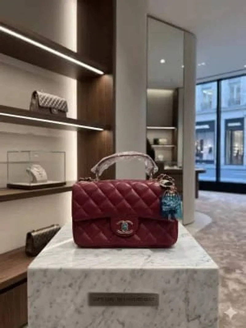Chennel Lambskin Quilted Mini Top Handle Rectangular Flap Bag with champagne gold hardware with Double Box premium quality