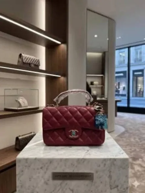 Chennel Lambskin Quilted Mini Top Handle Rectangular Flap Bag with champagne gold hardware with Double Box premium quality