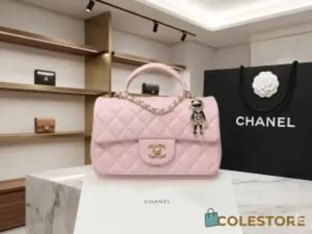 Chennel Lambskin Quilted Mini Top Handle Rectangular Flap Bag with champagne gold hardware with Double Box premium quality