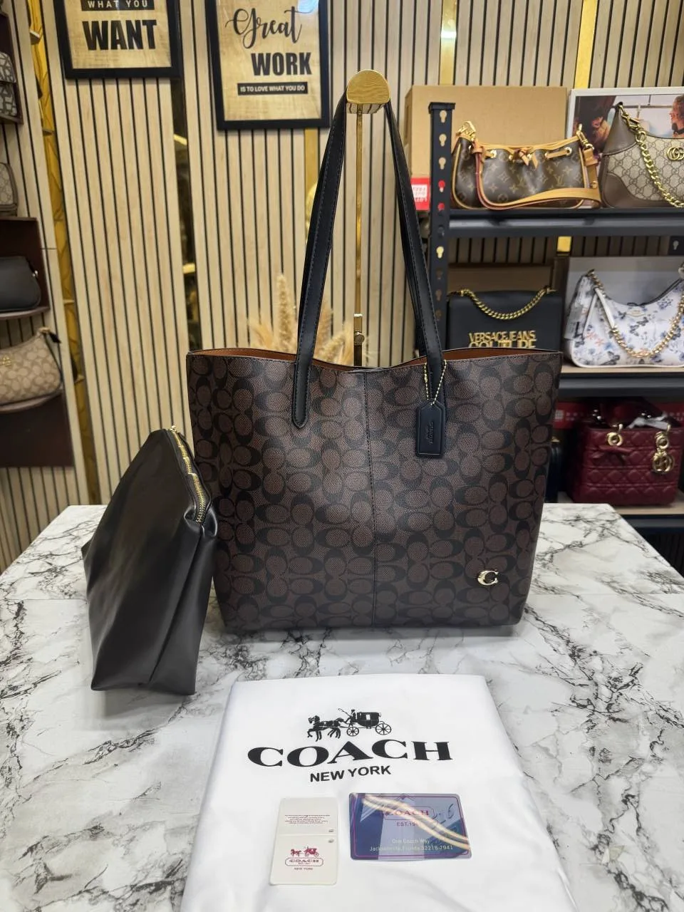 Coatch Signature Canvas Tote Bag with Zip Pouch With Dust Bag 8203-1 Coffee Black