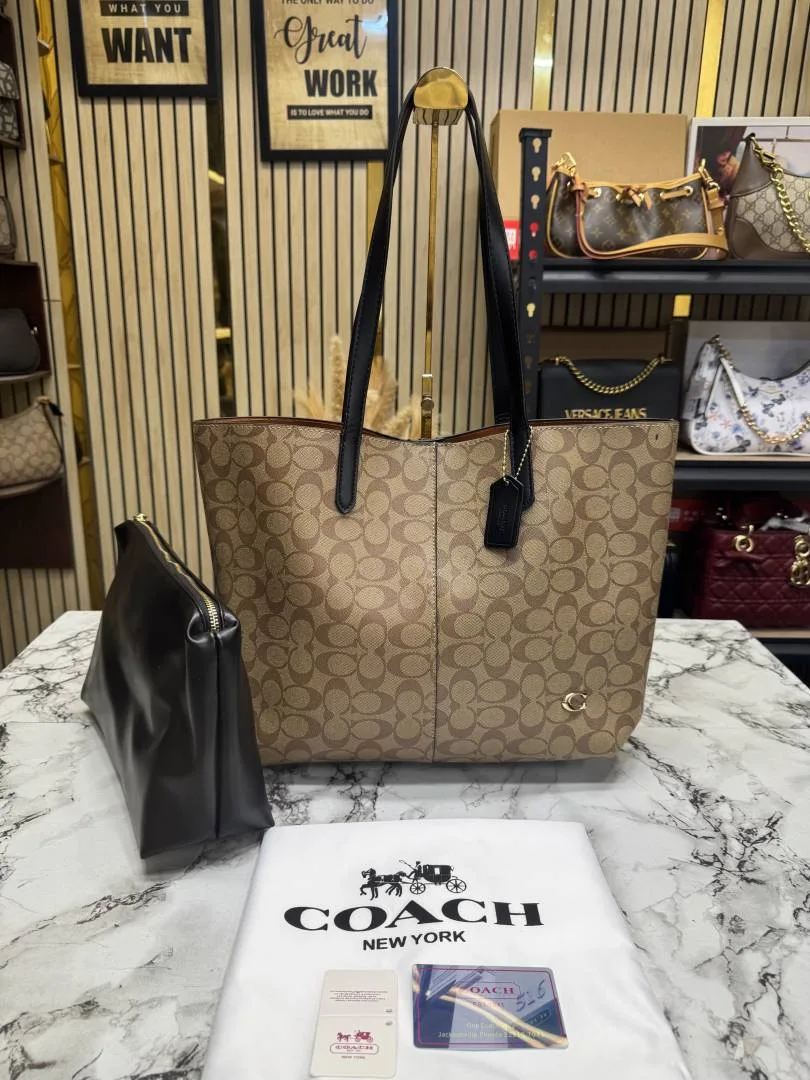 Coatch Signature Canvas Tote Bag with Zip Pouch With Dust Bag 8203-1 Brown Black