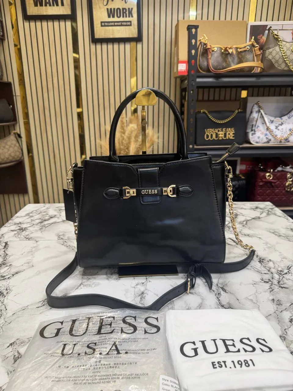 Guess Logo Print Satchel Trim Bag With Dust Bag Black