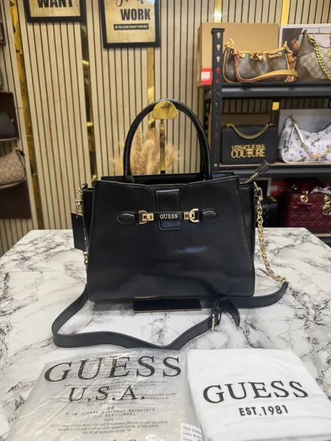 Guess Logo Print Satchel Trim Bag With Dust Bag Black