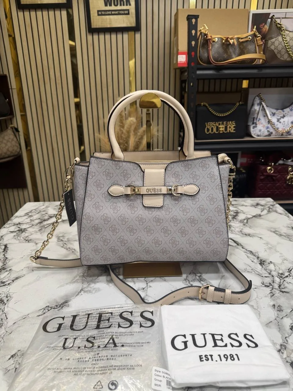 Guess Logo Print Satchel Trim Bag With Dust Bag Pink