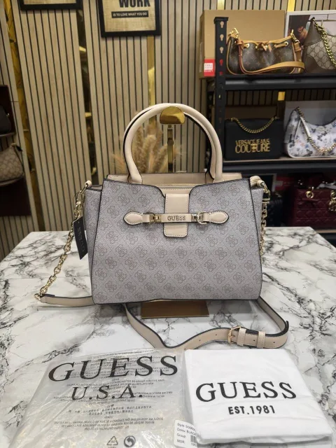 Guess Logo Print Satchel Trim Bag With Dust Bag Pink