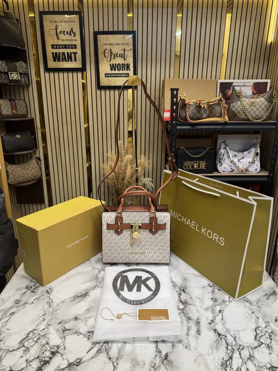 Micheal Kors Hamilton Small Logo Satchel Bag With Og BoxDust Bag Including Carry Bag H2085 Biege Brown