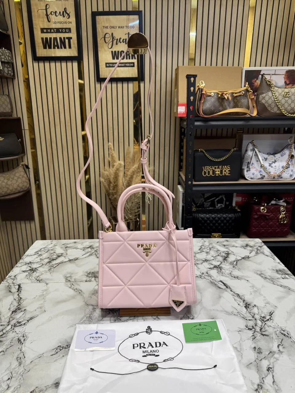 Pradda Geometric Quilted Top Handle Bag With Dust Bag Pink 2186-2
