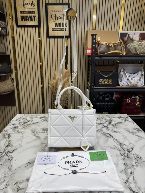 Pradda Geometric Quilted Top Handle Bag With Dust Bag White 2186-2