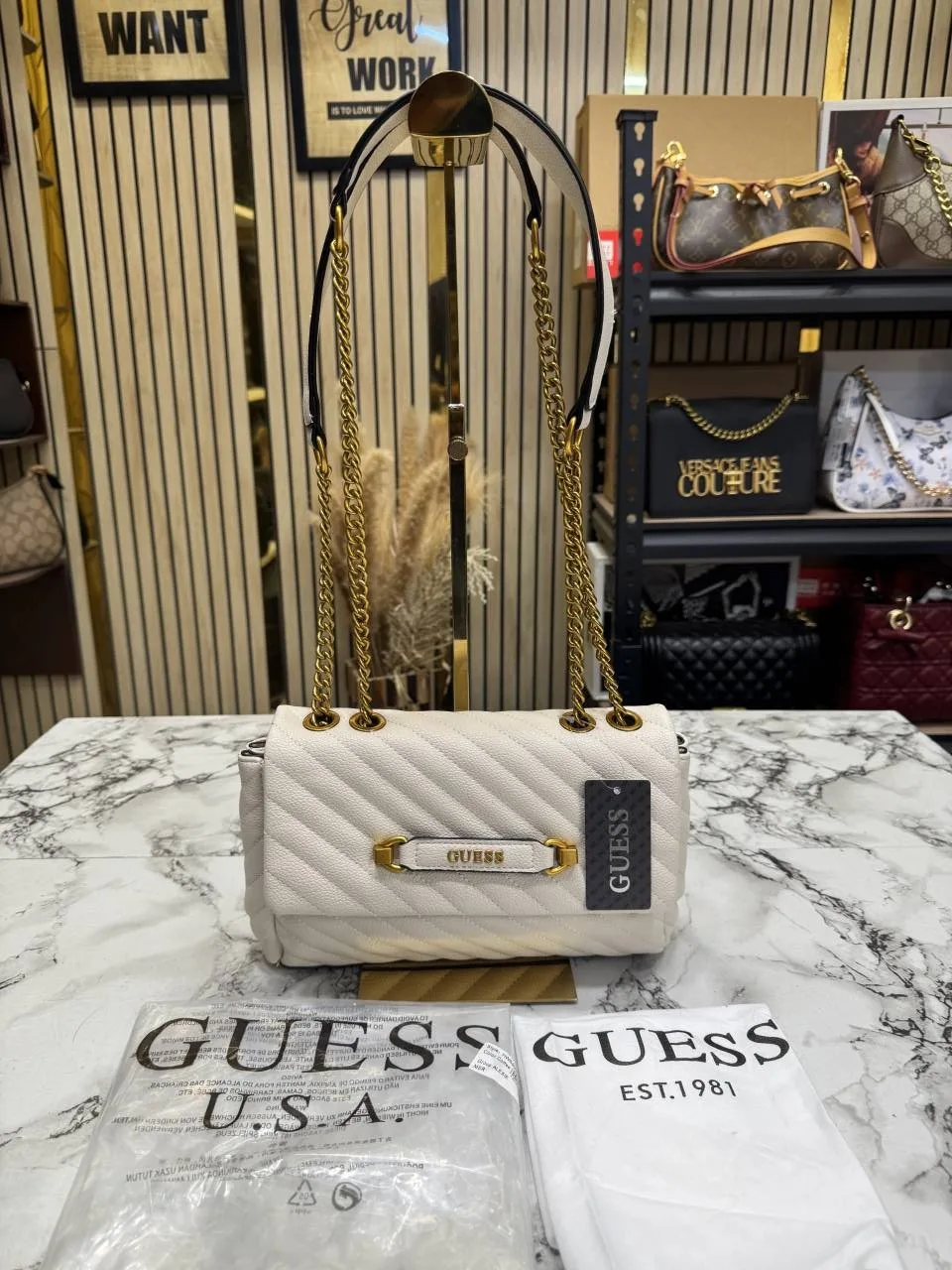 Guess Giully Quilted Shoulder Bag With Dust Bag White